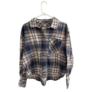 Scotch & Soda Womens Plaid Flannel Button Down Shirt Navy Tan Cotton Size M NWT